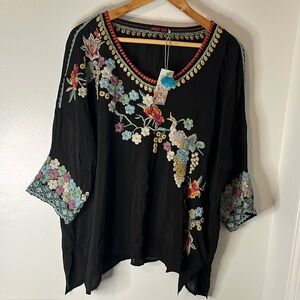 NWT Johnny Was Merielle Black Floral & Bird Embroidered Blouse Sz XL